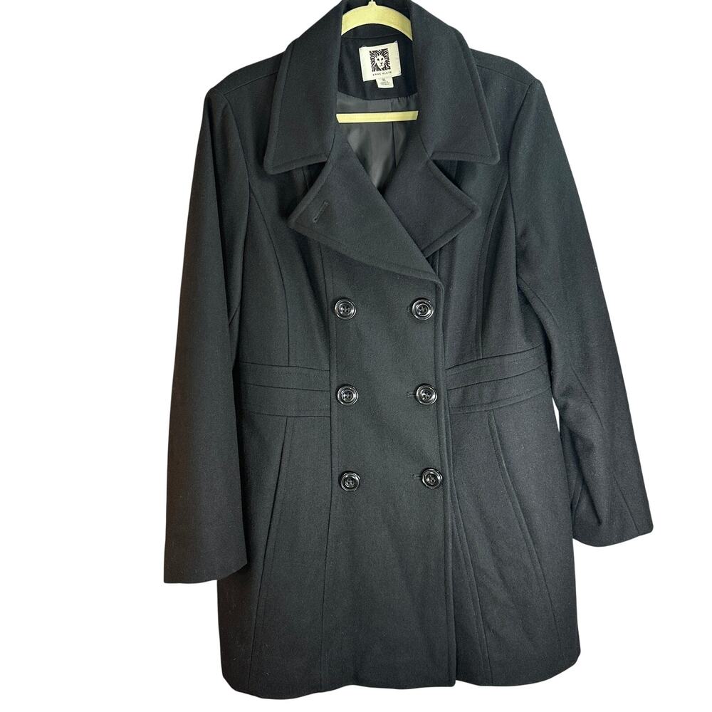 Anne Klein Womens XL Black Wool Blend Double Breasted Peacoat Long Jacket